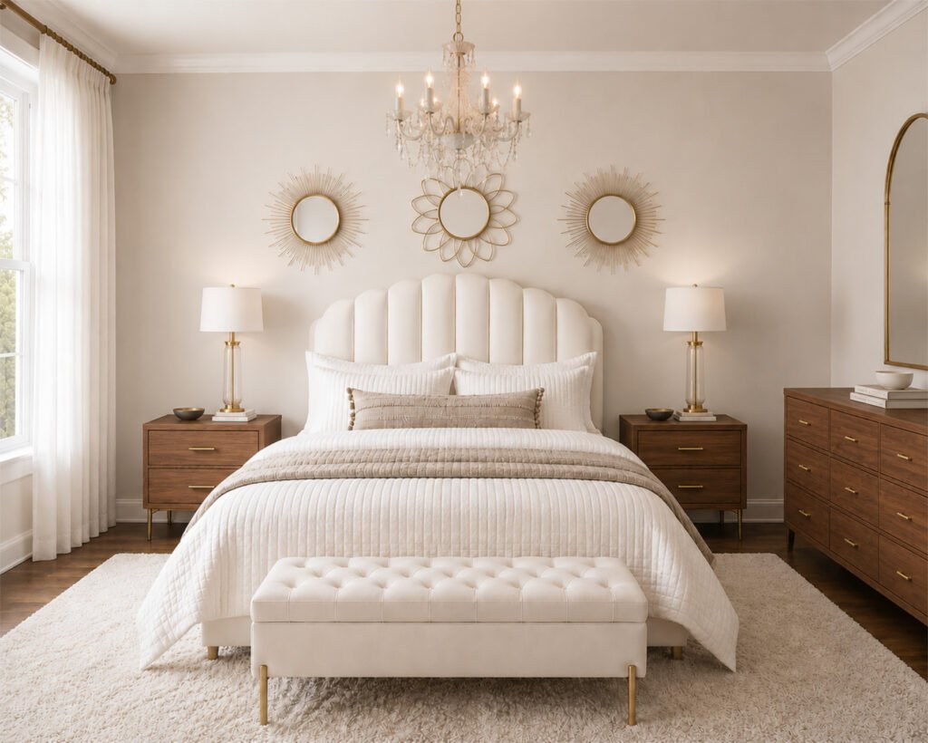 modern glam lighting for the bedroom, small gold and white chandelier 