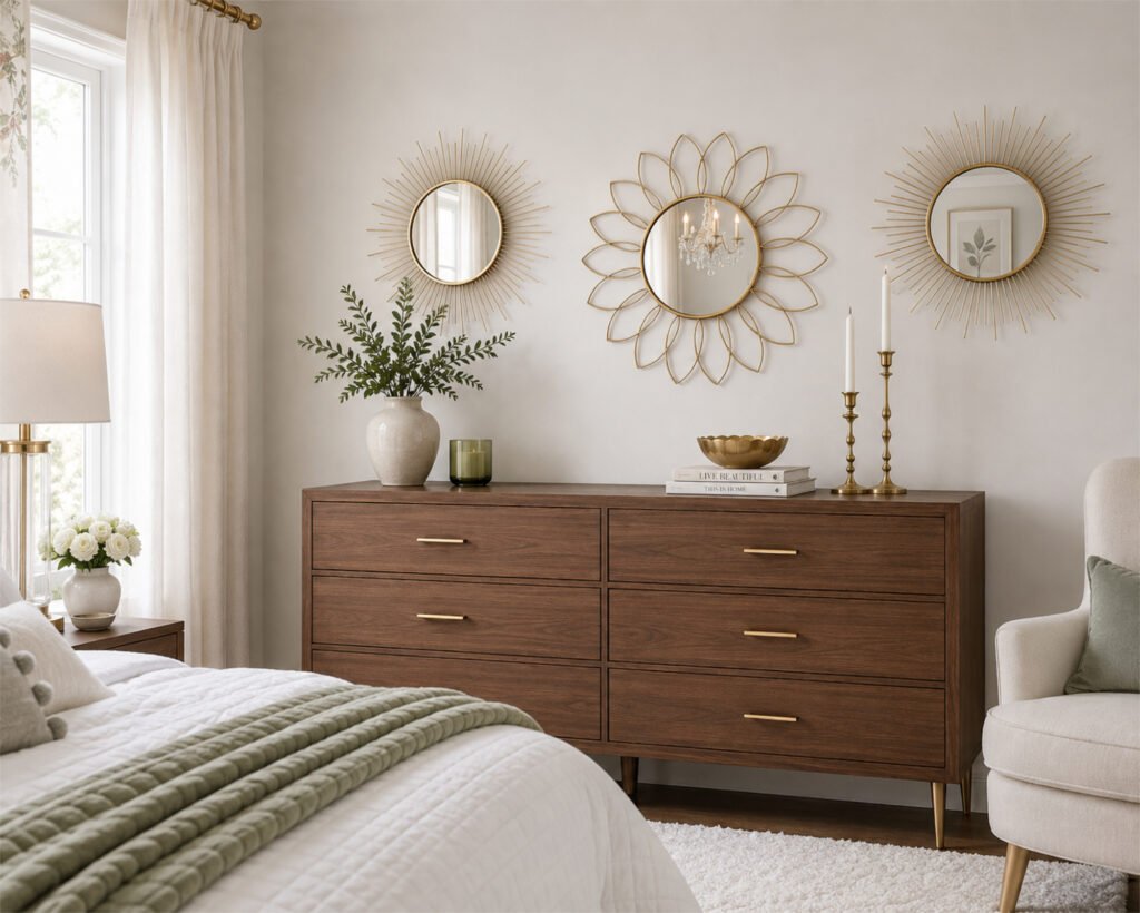 round gold mirrors modern glam bedroom
