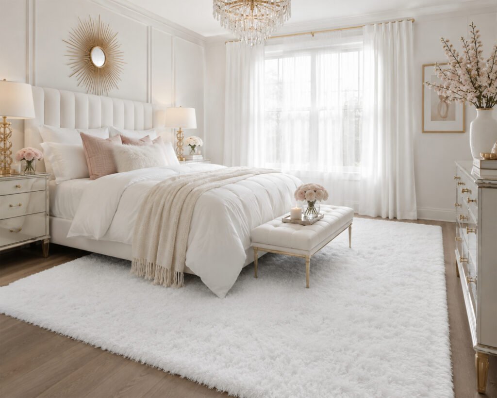 white glamor rug for bedroom